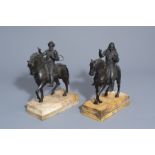 Pair of French regal bronze equestrian statues of Henry IV and Francis I on marble base, 19th C.