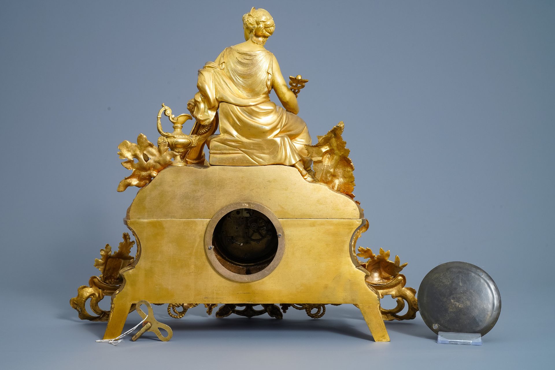 A French gilt bronze three-piece clock garniture with classical theme, 19th C. - Image 4 of 18