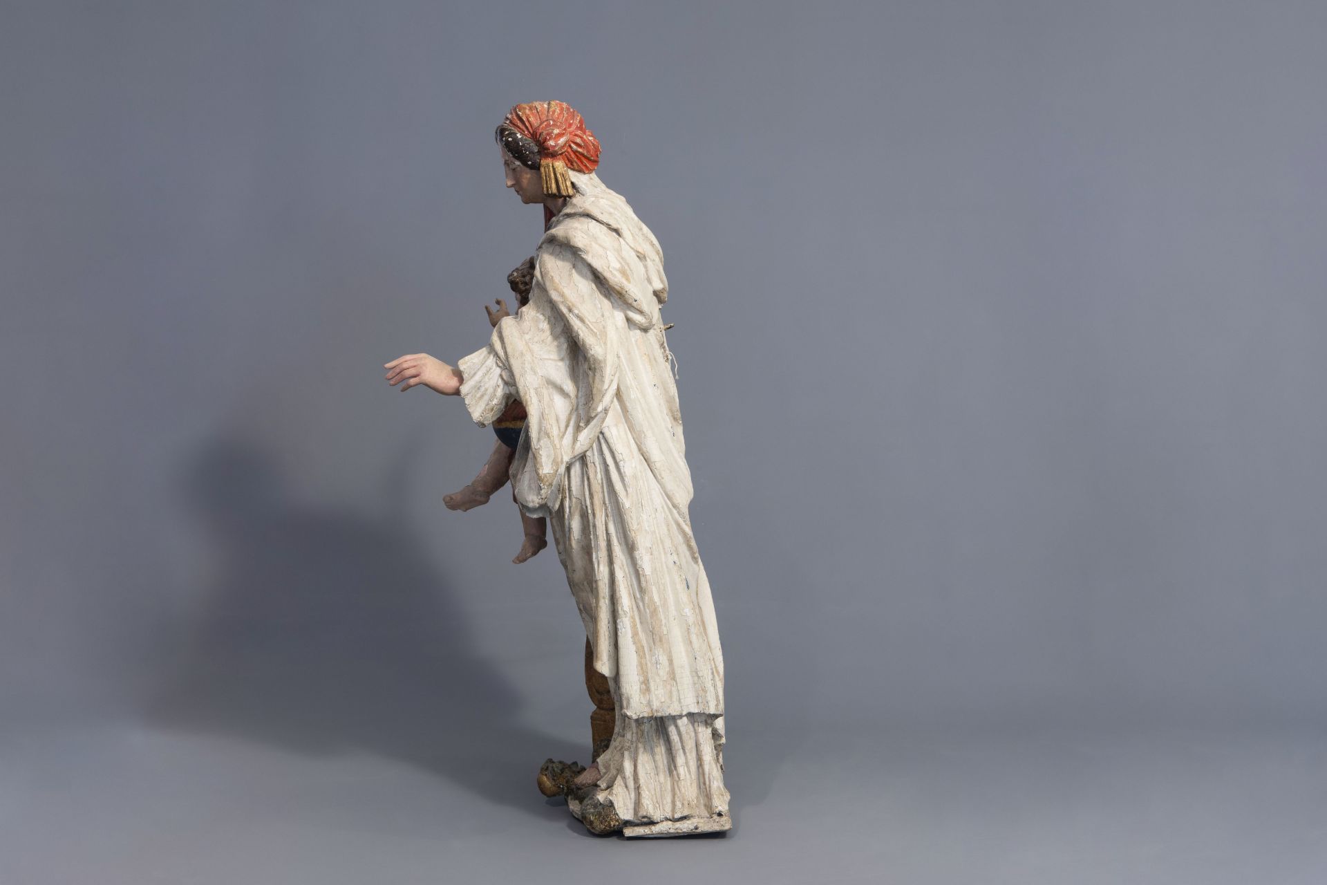 A large polychrome painted wood sculpture of Our Lady and Child, Naples, Italy, 17th/18th C. - Image 5 of 13