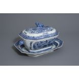 A Chinese blue and white tureen and cover on stand with floral design, Qianlong