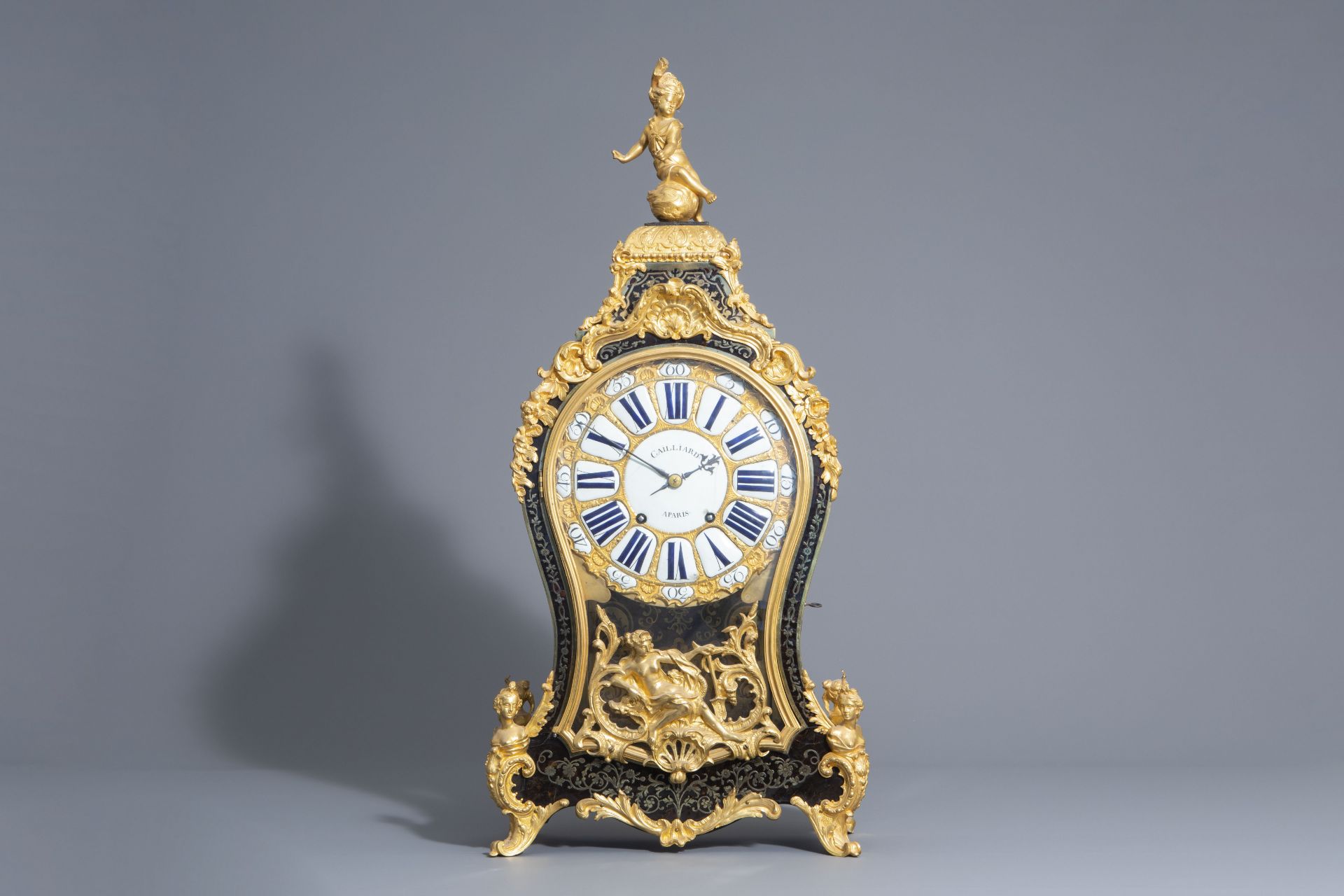 French gilt bronze tortoise & brass marquetry Boulle cartel clock, Cailliard ˆ Paris, 18th/19th C. - Image 2 of 21