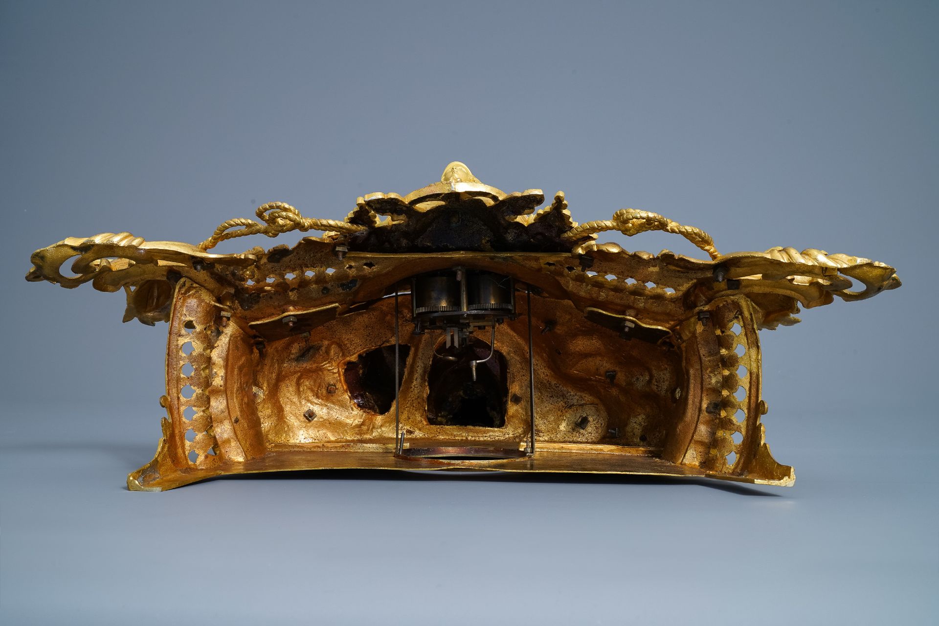 A French gilt bronze three-piece clock garniture with classical theme, 19th C. - Image 7 of 18