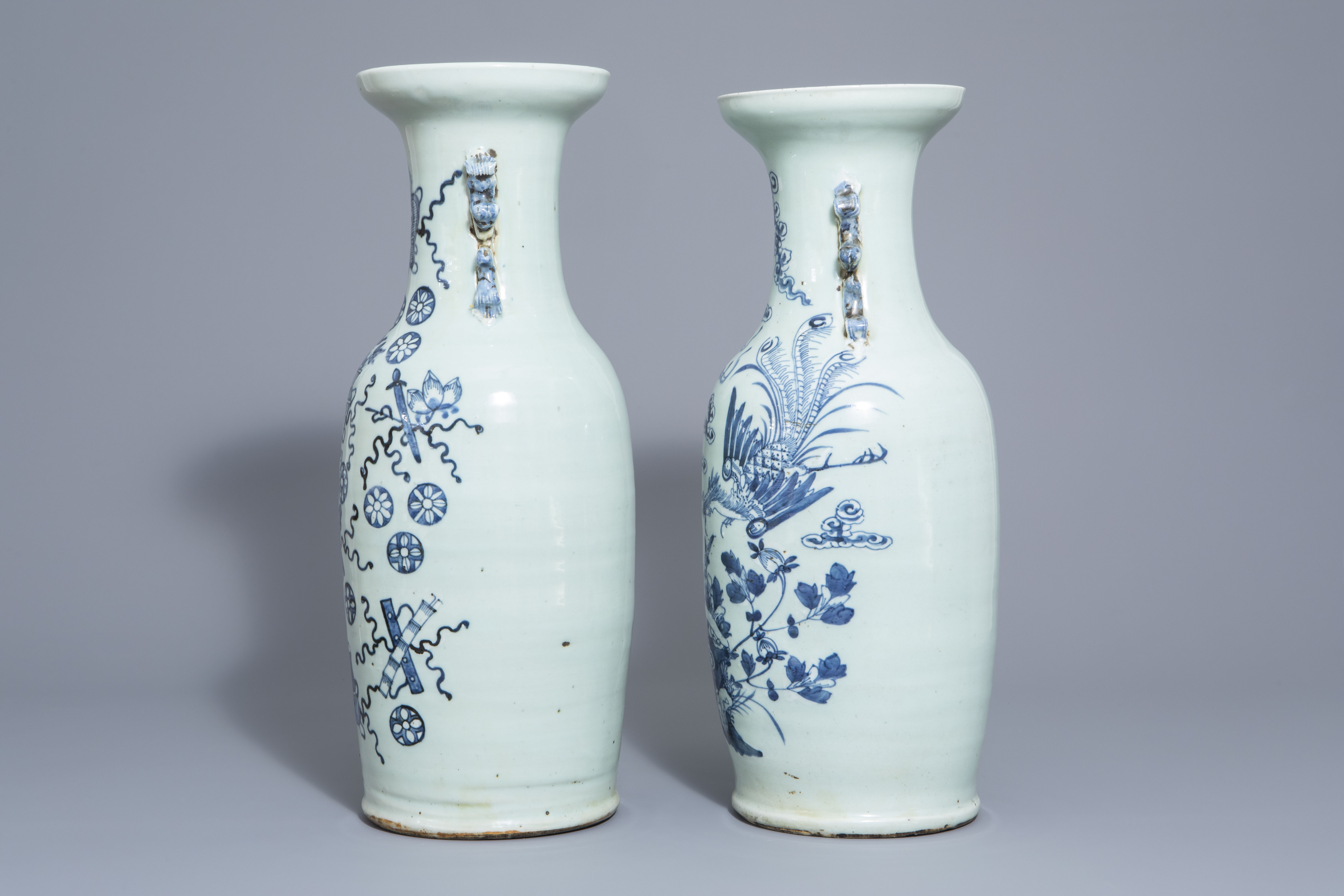 Two Chinese blue and white celadon ground vases with different designs, 19th C. - Image 4 of 6