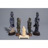 Five Chinese lapis lazuli, jade and ivory sculptures, 20th C.