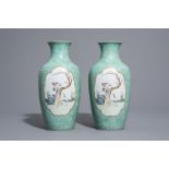A pair of Chinese famille rose on green frog spawn ground 'Immortals' vases, Republic, 20th C.