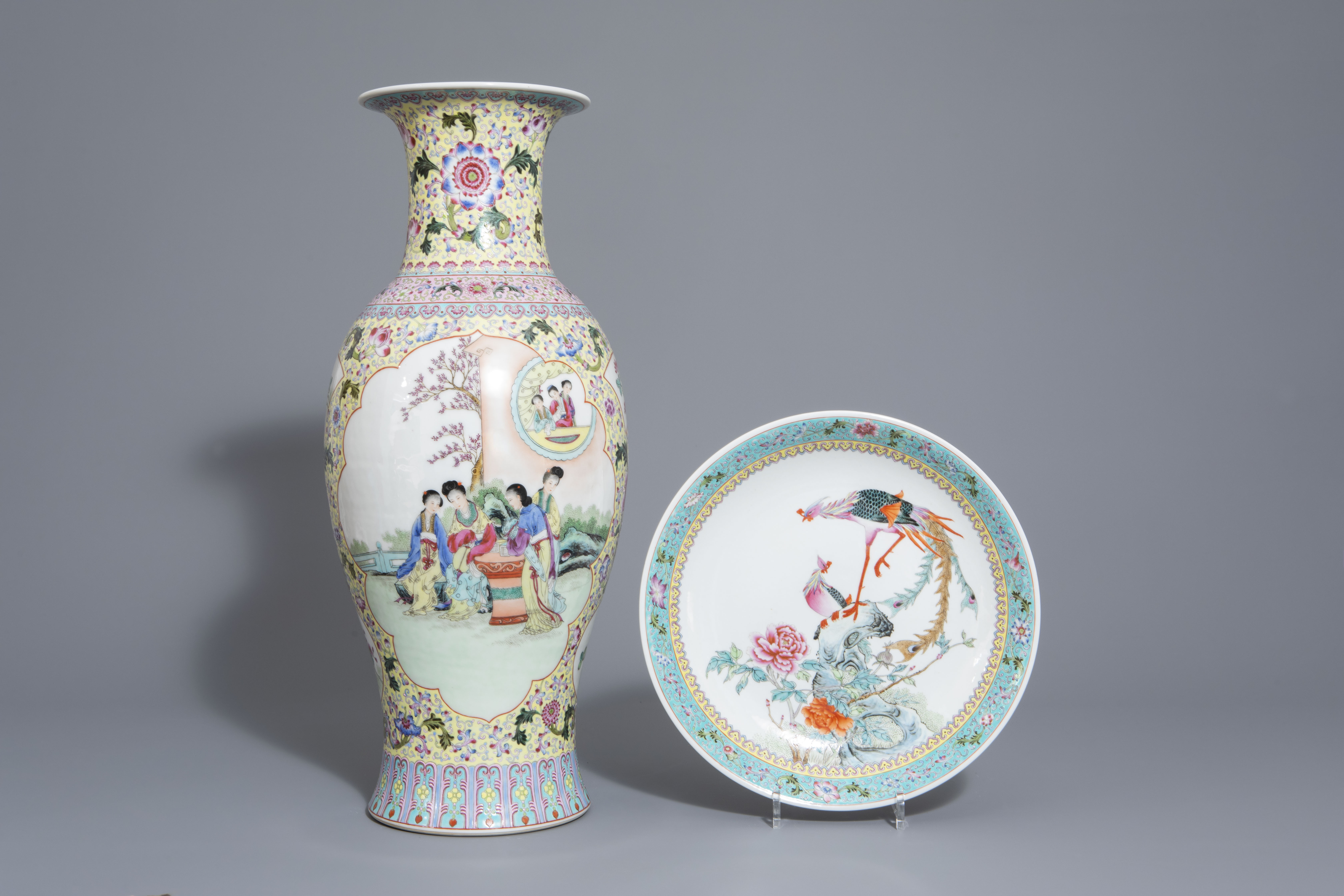 A Chinese famille rose 'ladies' vase and a 'peacock' charger, Qianlong mark, Republic