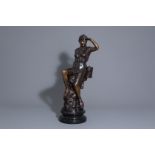 Manner of Hippolyte Moreau (1832-1927): Resting young lady, patinated bronze on black marble base