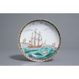 A Dutch decorated Chinese plate with a ship at sea, 18th/19th C.