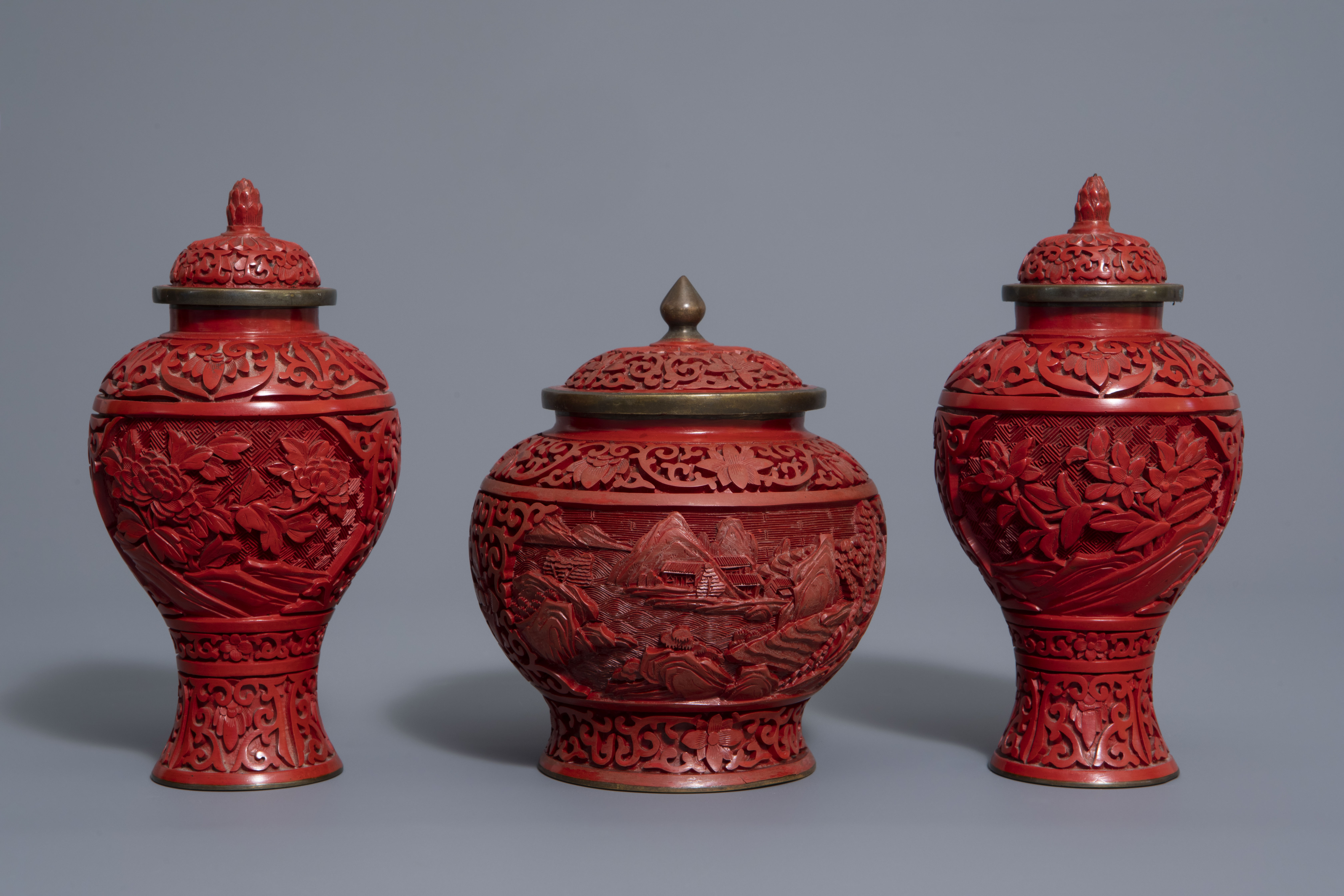 A Chinese tea block, cloisonné teapot, wall vase, bamboo brush pot & 3 red lacquer vases, 20th C. - Image 2 of 16