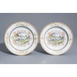 A pair of Chinese famille rose and gilt Meissen style landscape dishes, Qianlong