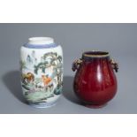 A Chinese famille rose eggshell 'Horses of Mu Wang' vase and a flambŽ glazed hu vase, 20th C.