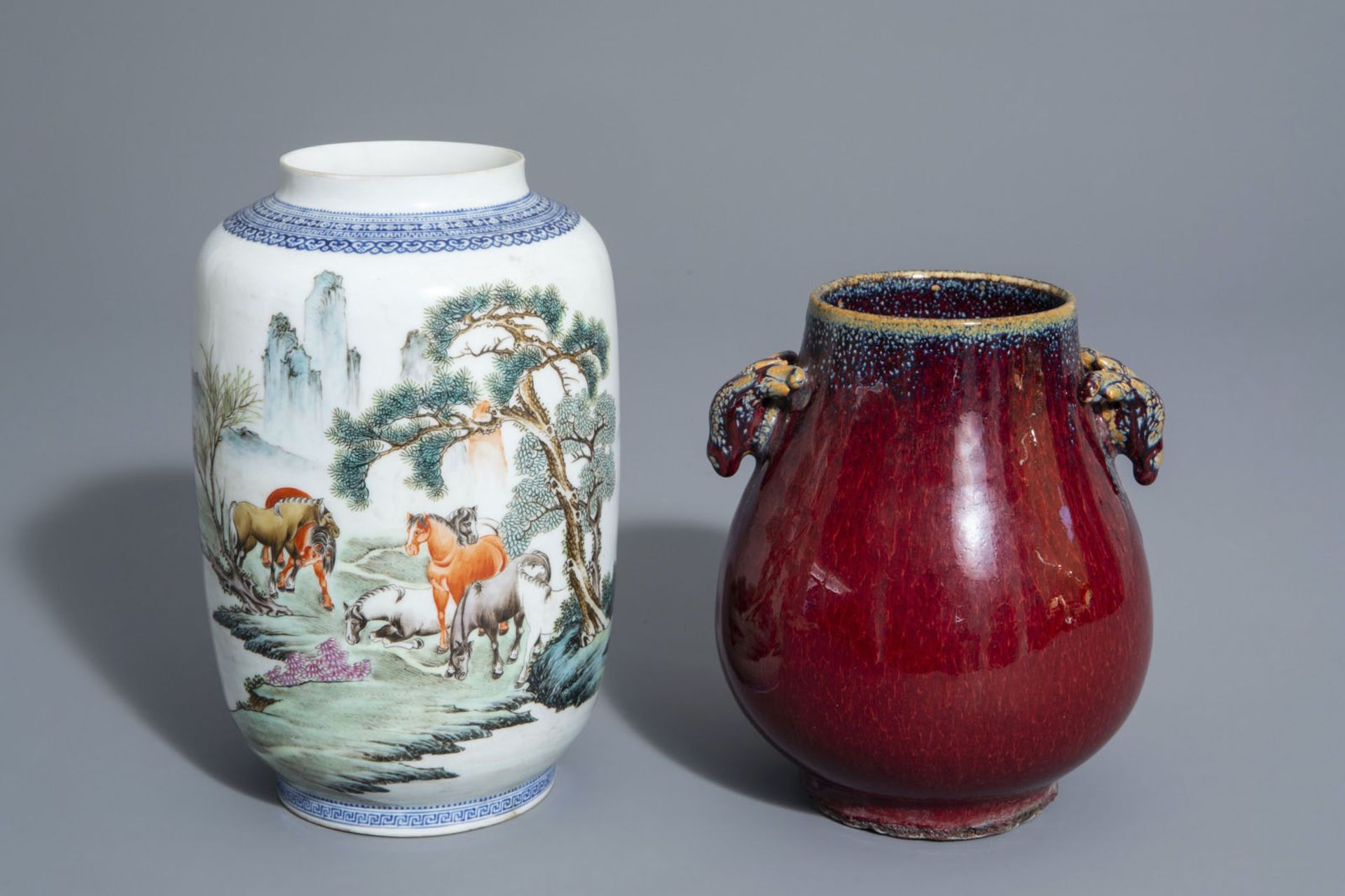 A Chinese famille rose eggshell 'Horses of Mu Wang' vase and a flambŽ glazed hu vase, 20th C.