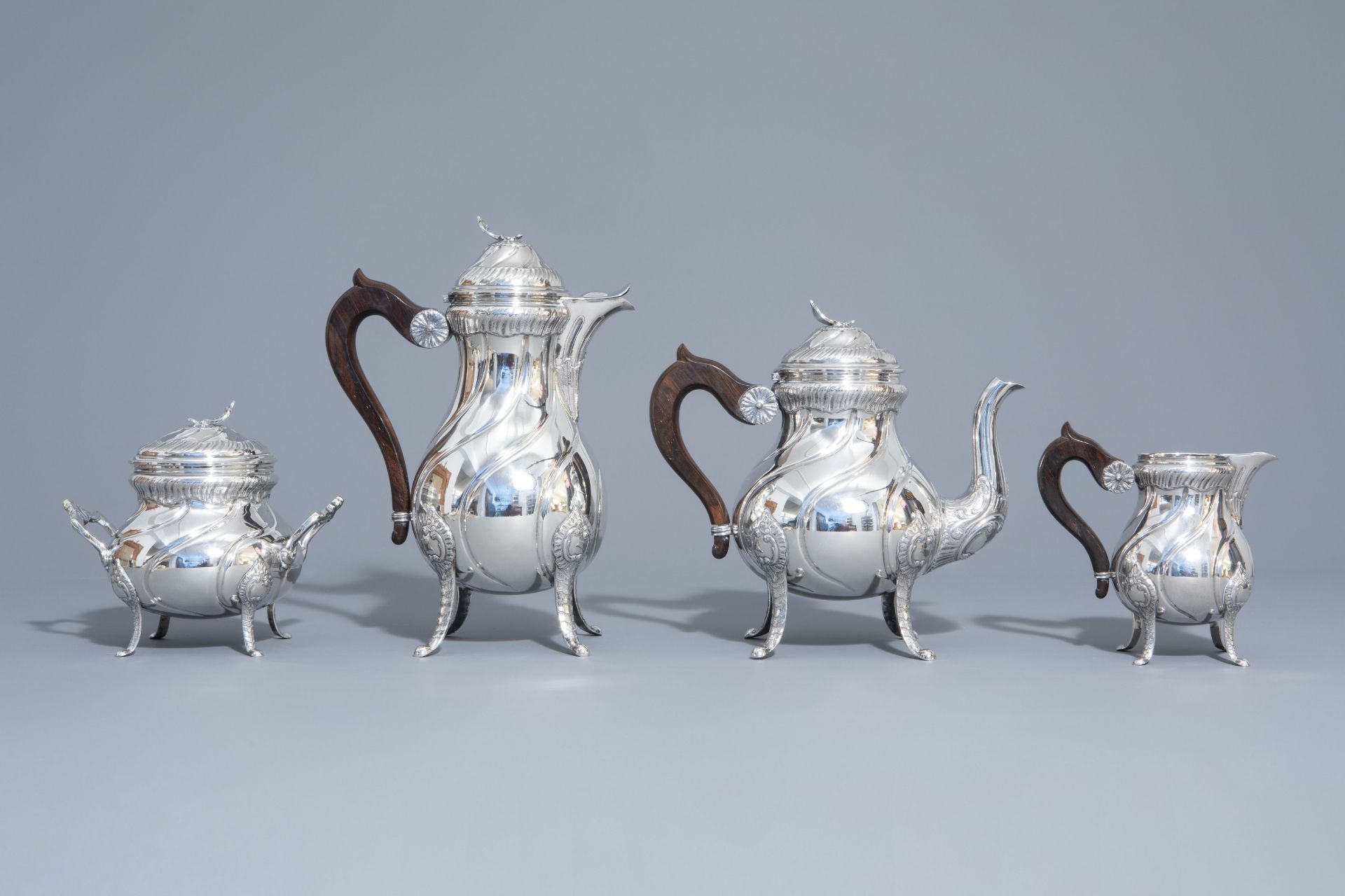 A four-piece Rococo revival silver coffee and tea set, 800/000, 20th C. - Image 2 of 13