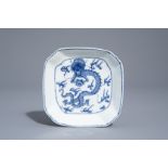 A Chinese blue and white square 'dragon' plate, Ding mark, Kangxi
