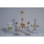 Four cloisonné and champlevé candlesticks and a jardinière, a.o. Limoges, France, mainly 19th C.