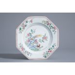 An octagonal Chinese famille rose plate with birds among blossoming branches, Qianlong