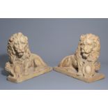 A pair of patinated terracotta lions, France or Italy, 18th C.