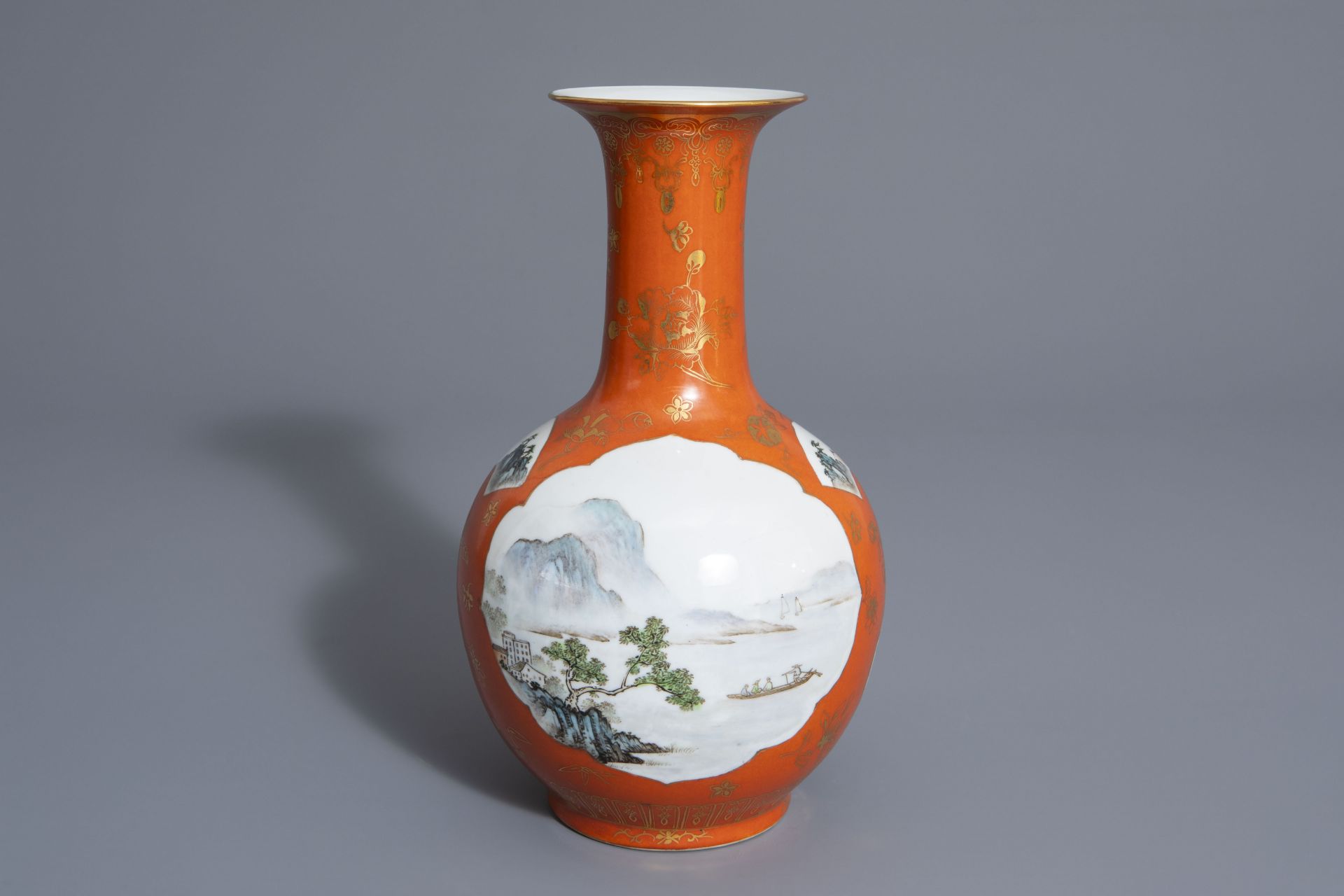 A Chinese bottle shaped orange ground vase with landscapes, Qianlong mark, 20th C.