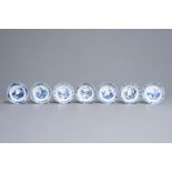 Seven Chinese blue and white 'Long Eliza' and boys saucers, different marks, Kangxi
