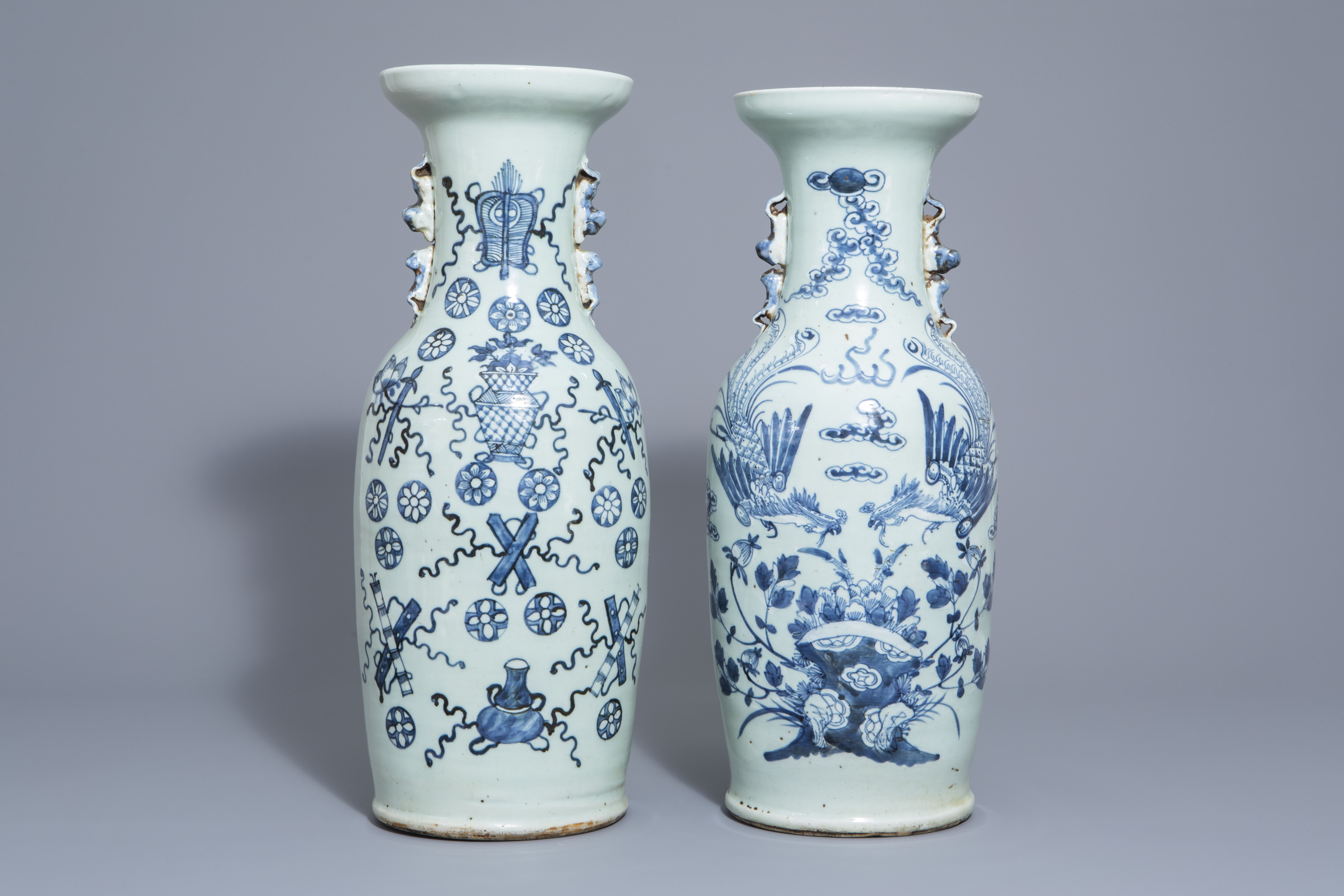 Two Chinese blue and white celadon ground vases with different designs, 19th C.