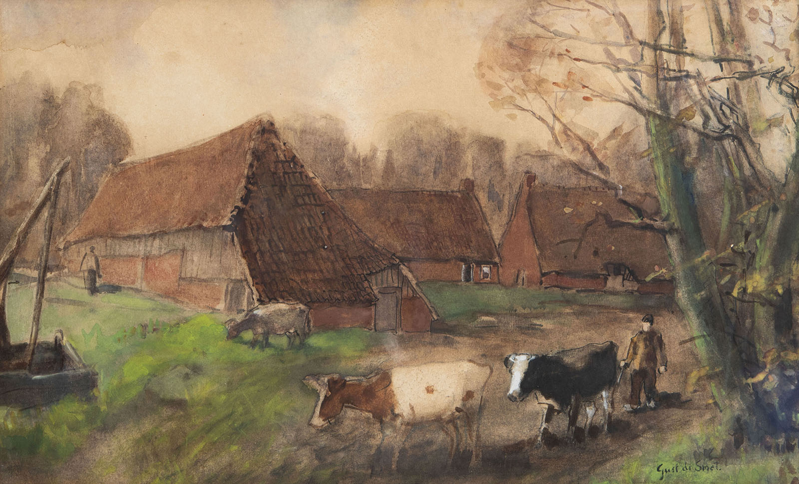 Gust de Smet (20th C.): Shepherd with his herd, watercolour on paper