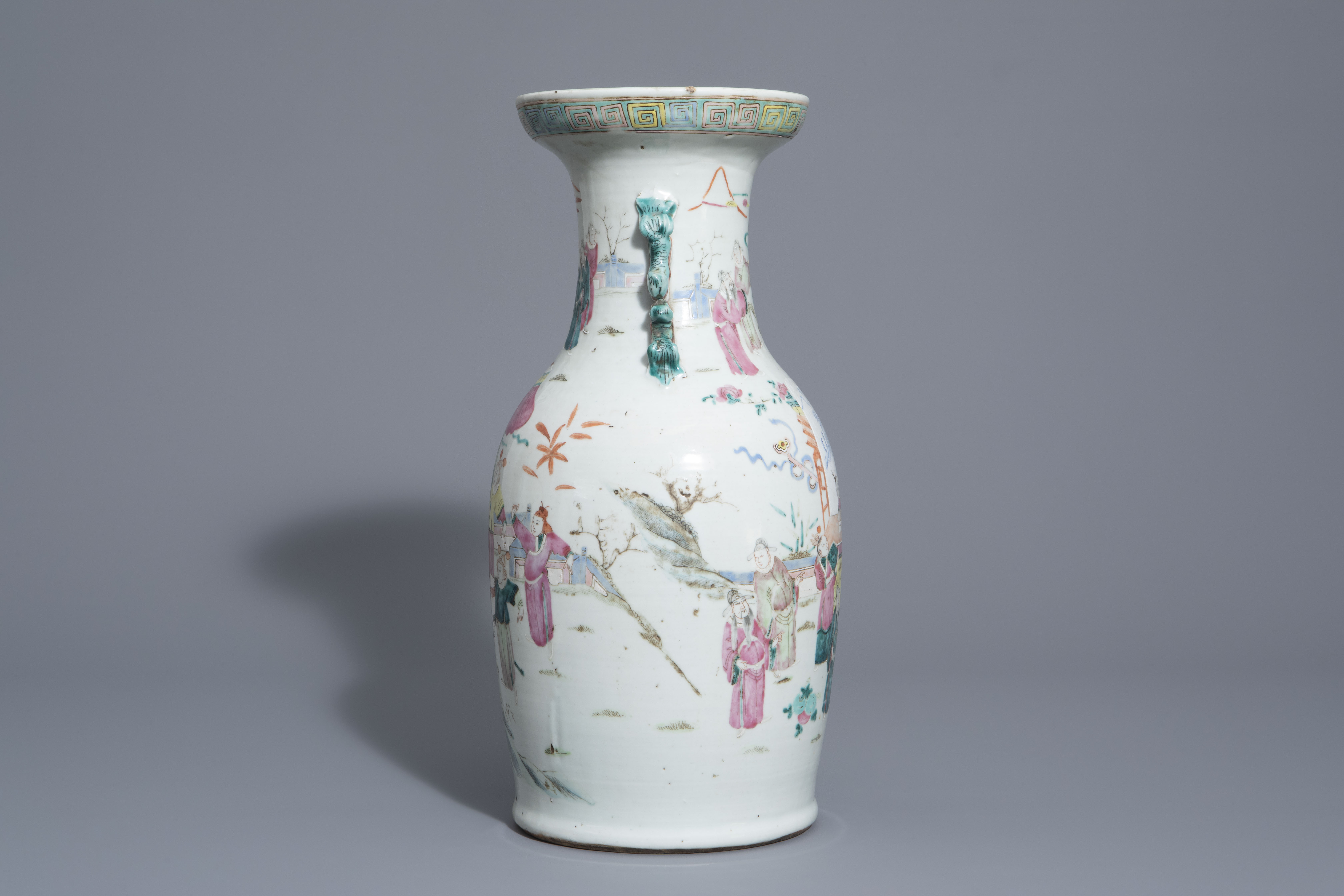 A Chinese famille rose vase with figurative design all around, 19th C. - Image 2 of 6