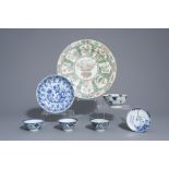 A Chinese famille verte dish, two blue and white plates and four bowls, Kangxi and later