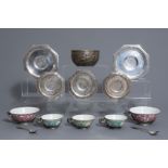 Five Chinese famille rose and silver cups and saucers and a bowl, 19th/20th C.