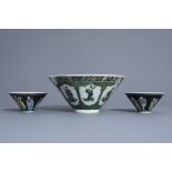 Three Chinese verte biscuit bowls with figurative design, Republic, 20th C.