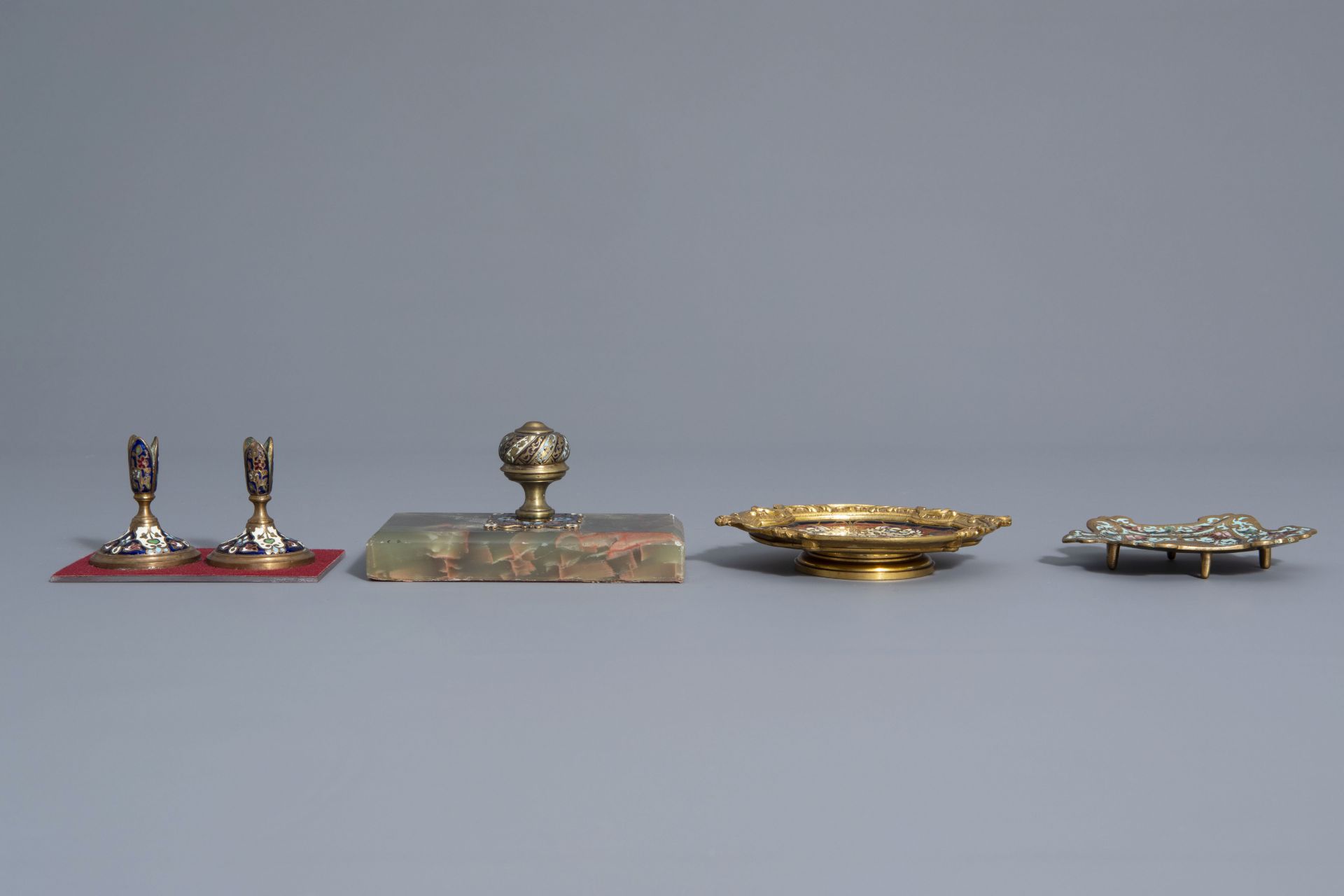 Group of cloisonné & champlevé mirrors, accessories & candle holders, a.o. Limoges, France, 19th C. - Image 11 of 18