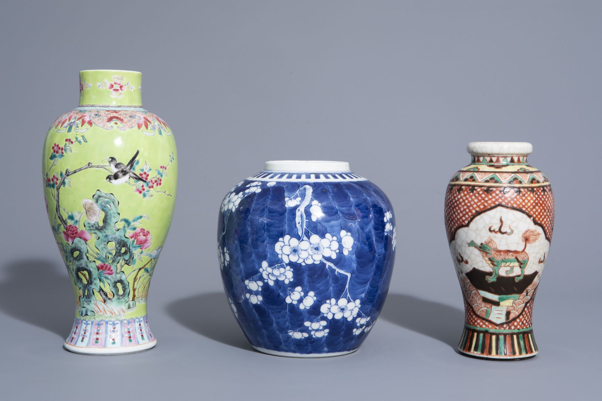 Three Chinese famille rose, blue and white and crackleglazed vases, 19th/20th C.