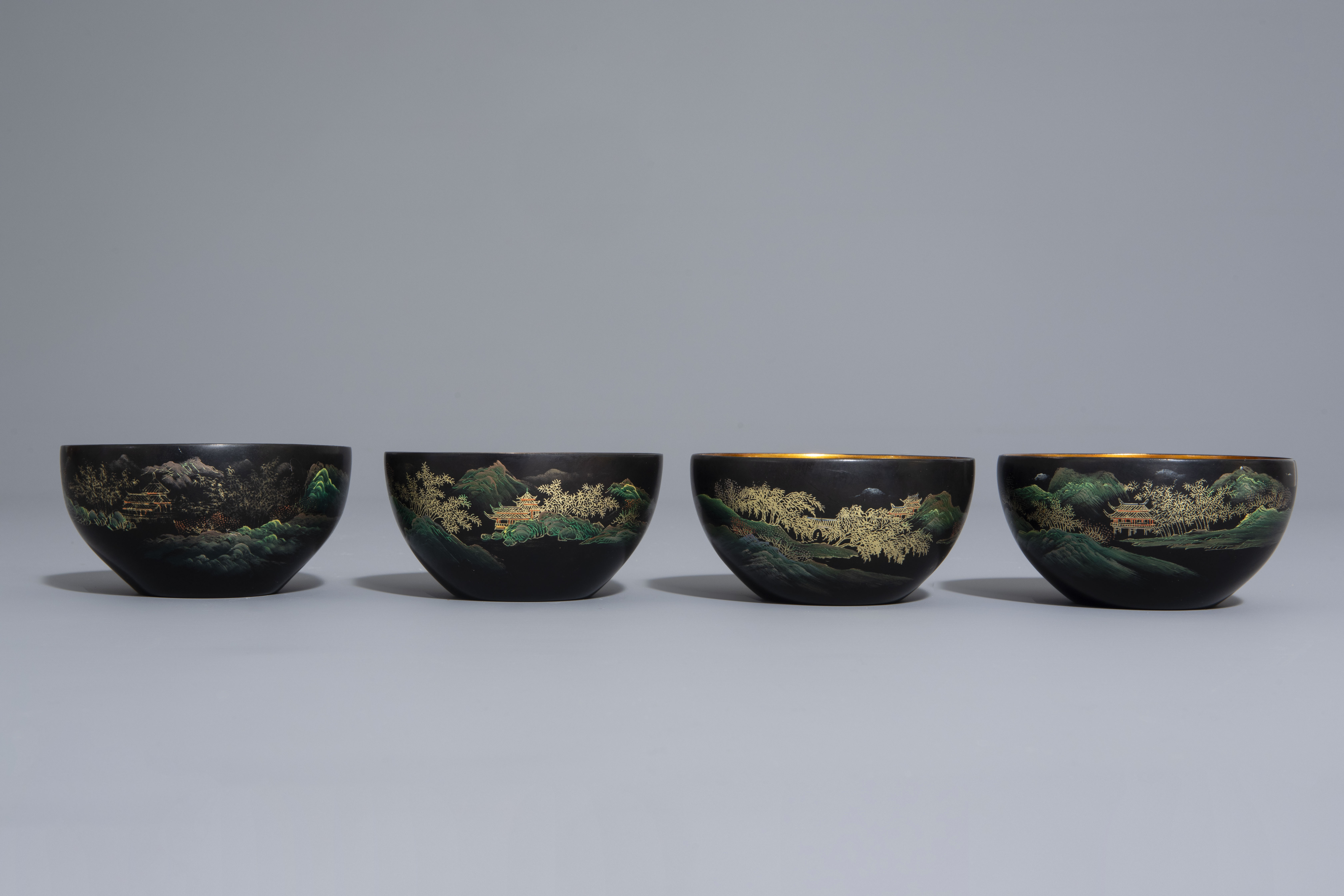 An extensive Chinese Foochow lacquer Shen Shao'an style coffee and tea service, 20th C. - Image 8 of 23