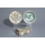 Two Chinese Canton famille rose plates and a box and cover, 19th C.