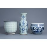 Two Chinese blue and white and famille rose jardinires and a celadon ground vase, 19th C.