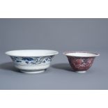 Two Chinese blue, white and copper red bowls, Kangxi mark, 19th/20th C.