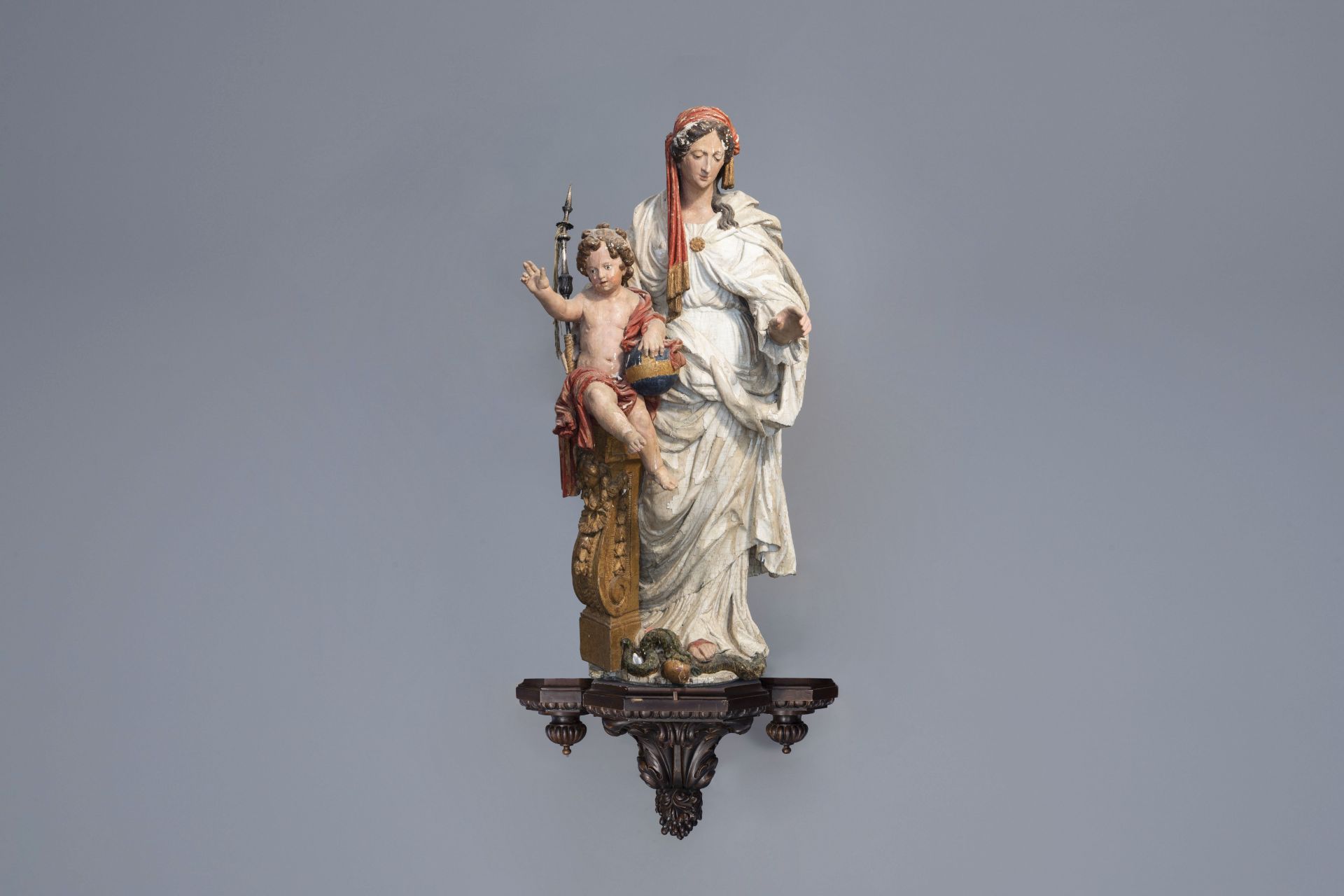 A large polychrome painted wood sculpture of Our Lady and Child, Naples, Italy, 17th/18th C.