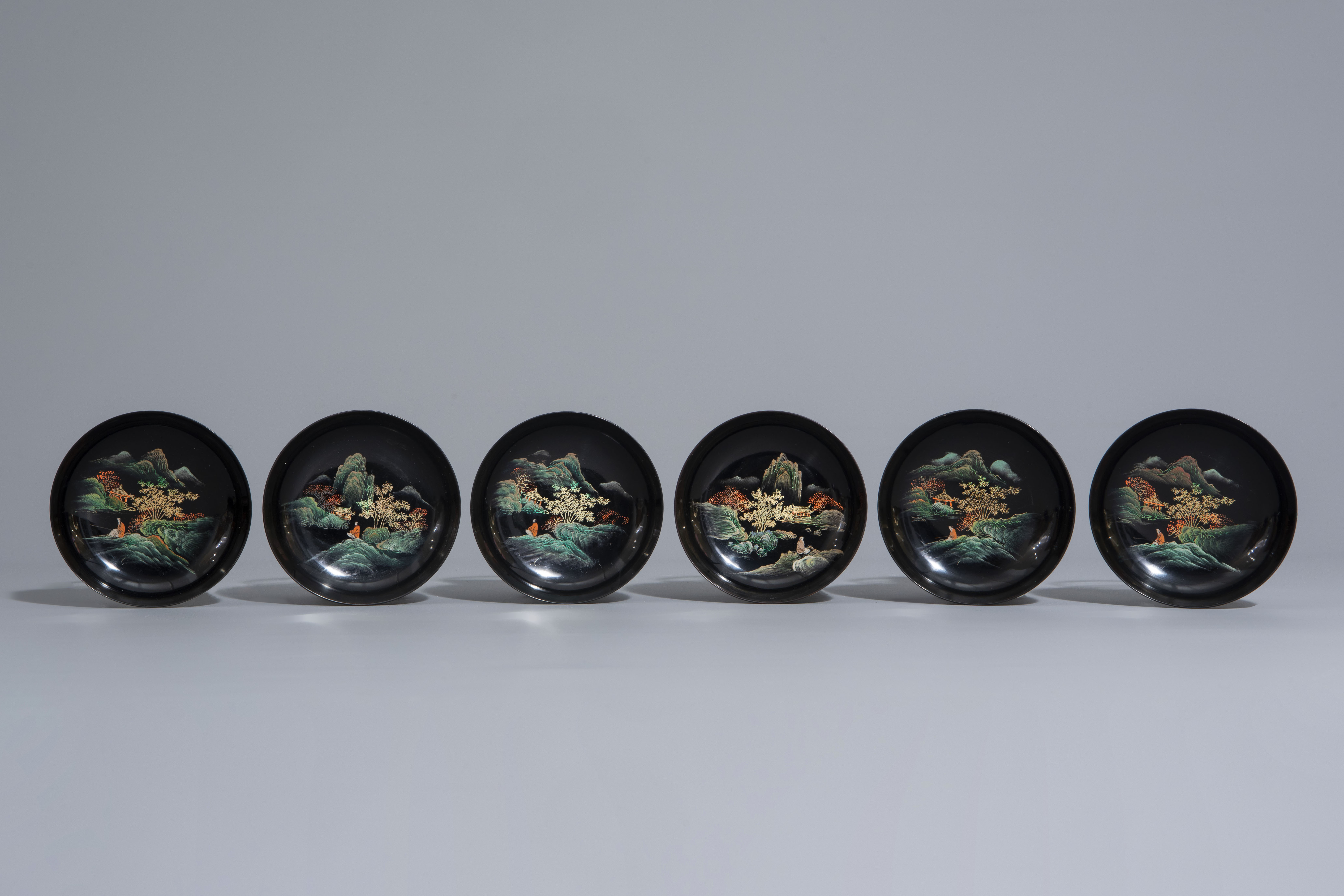 An extensive Chinese Foochow lacquer Shen Shao'an style coffee and tea service, 20th C. - Image 14 of 23