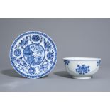 A Chinese blue and white dish and a bowl with different designs, Kangxi and 19th C.