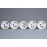 Five Chinese famille rose plates with floral design, Qianlong