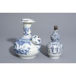 A Japanese blue and white kendi and a double gourd vase with different designs, Edo, 17th C.