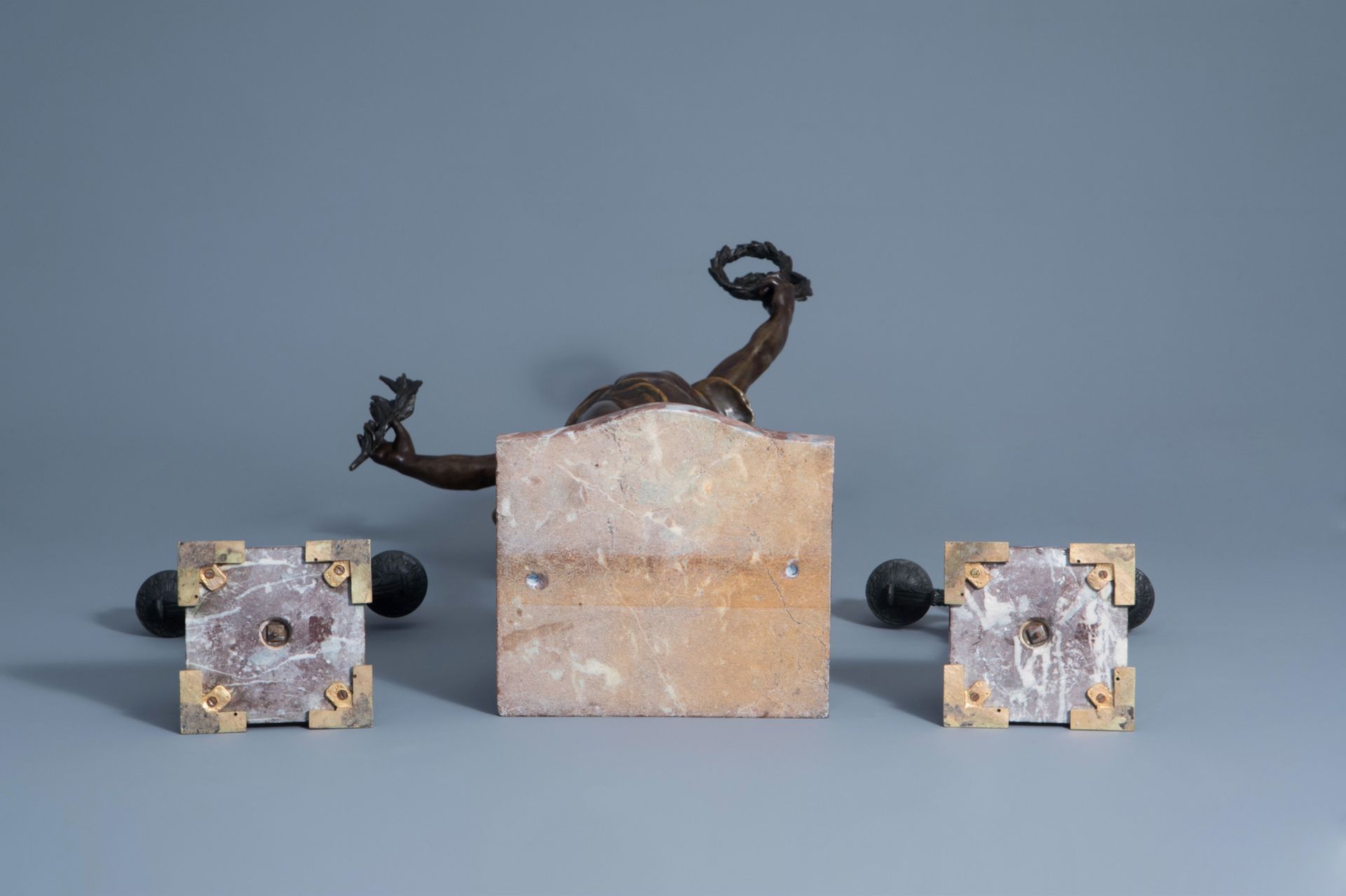 Louis Moreau (1883-1952): 'Le triomphe', patinated zamac and a pair of marble and bronze candelabra, - Image 6 of 9