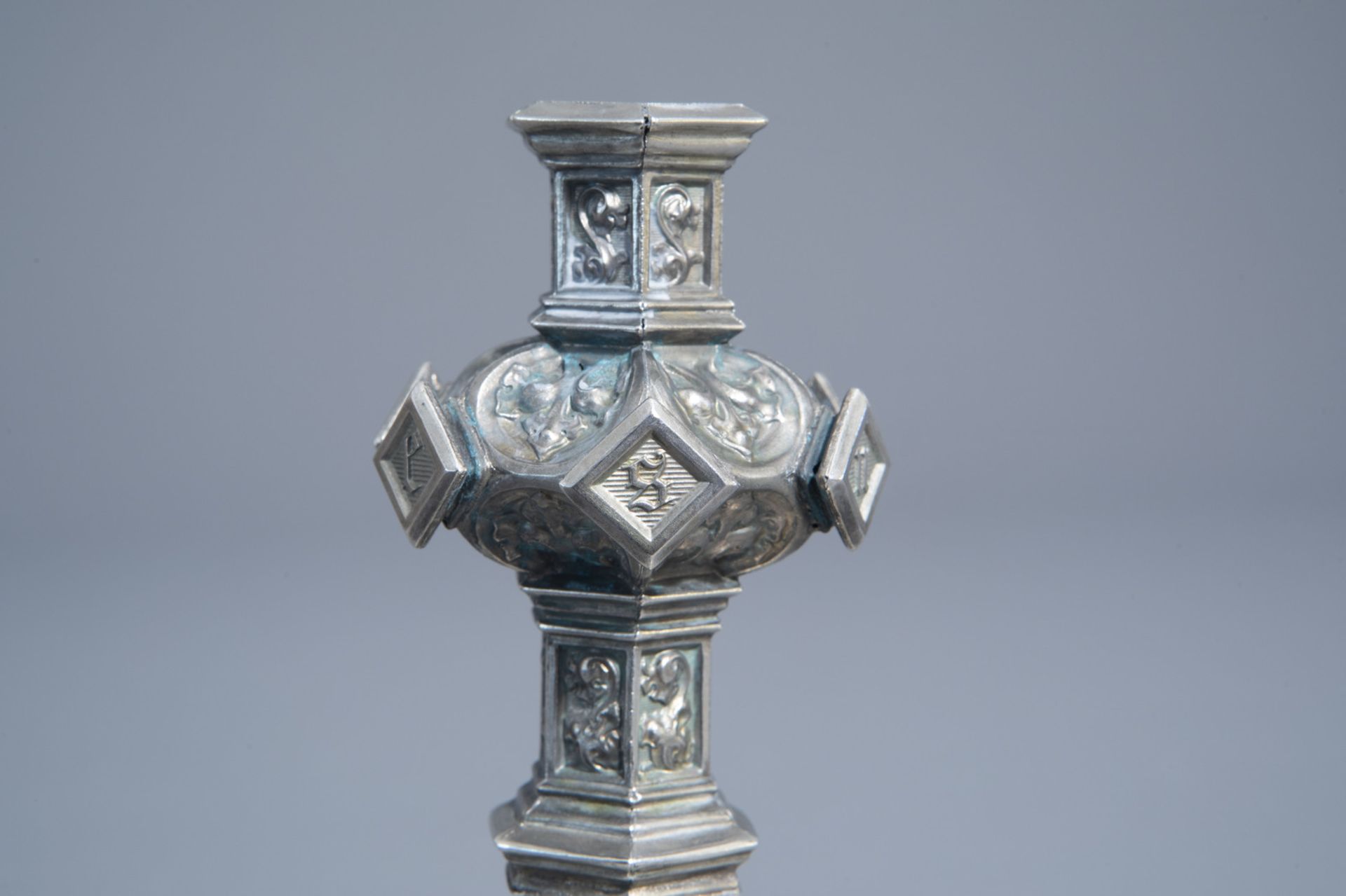A silver plated Gothic Revival candlestick, France, 19th/20th C. - Image 12 of 19