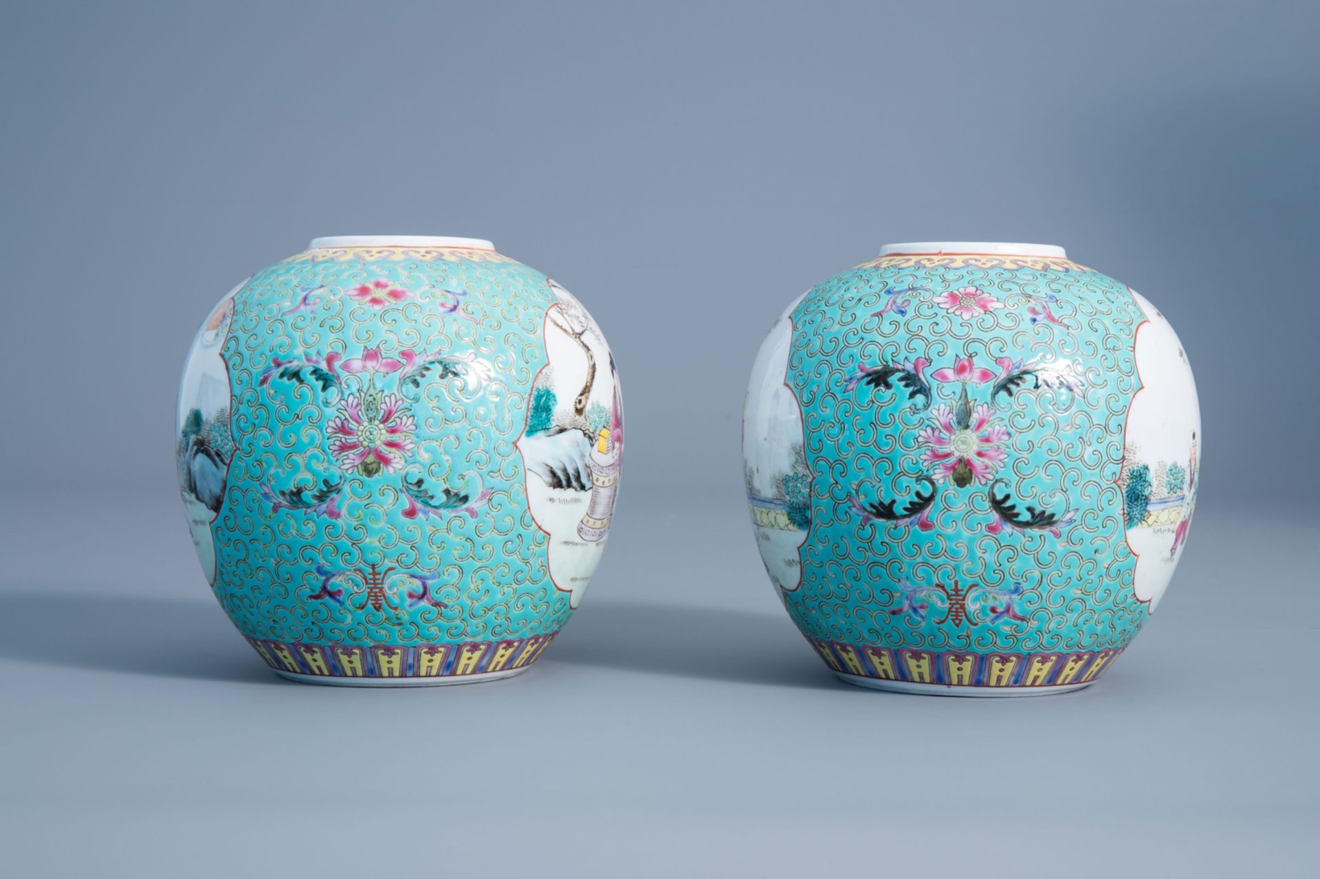 Two various Chinese famille rose vases, a charger and two jars, 20th C. - Image 11 of 15