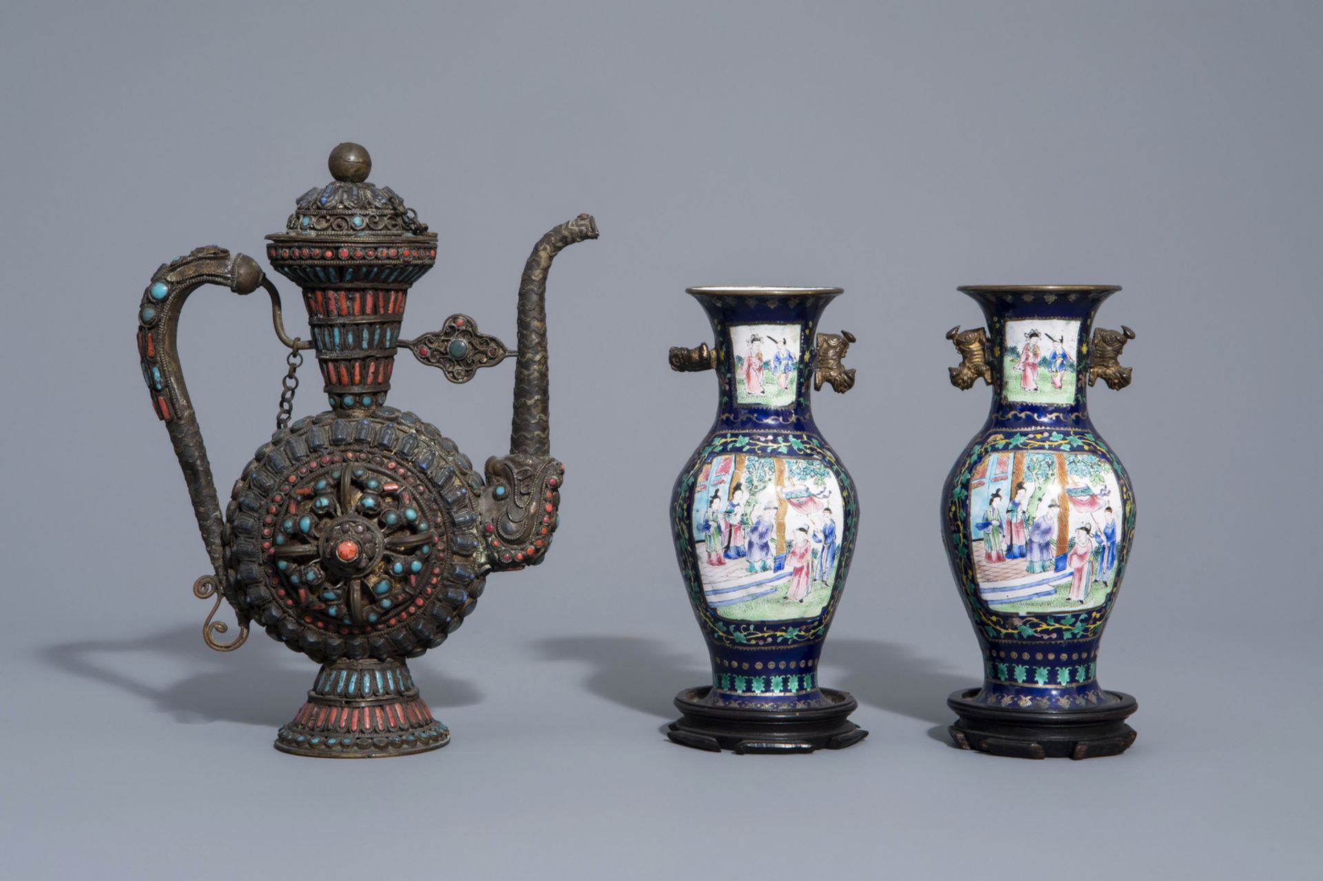 A Chinese silver box and cover with floral design, a pair of cloisonnŽ vases and a Tibetan ewer with - Image 2 of 17
