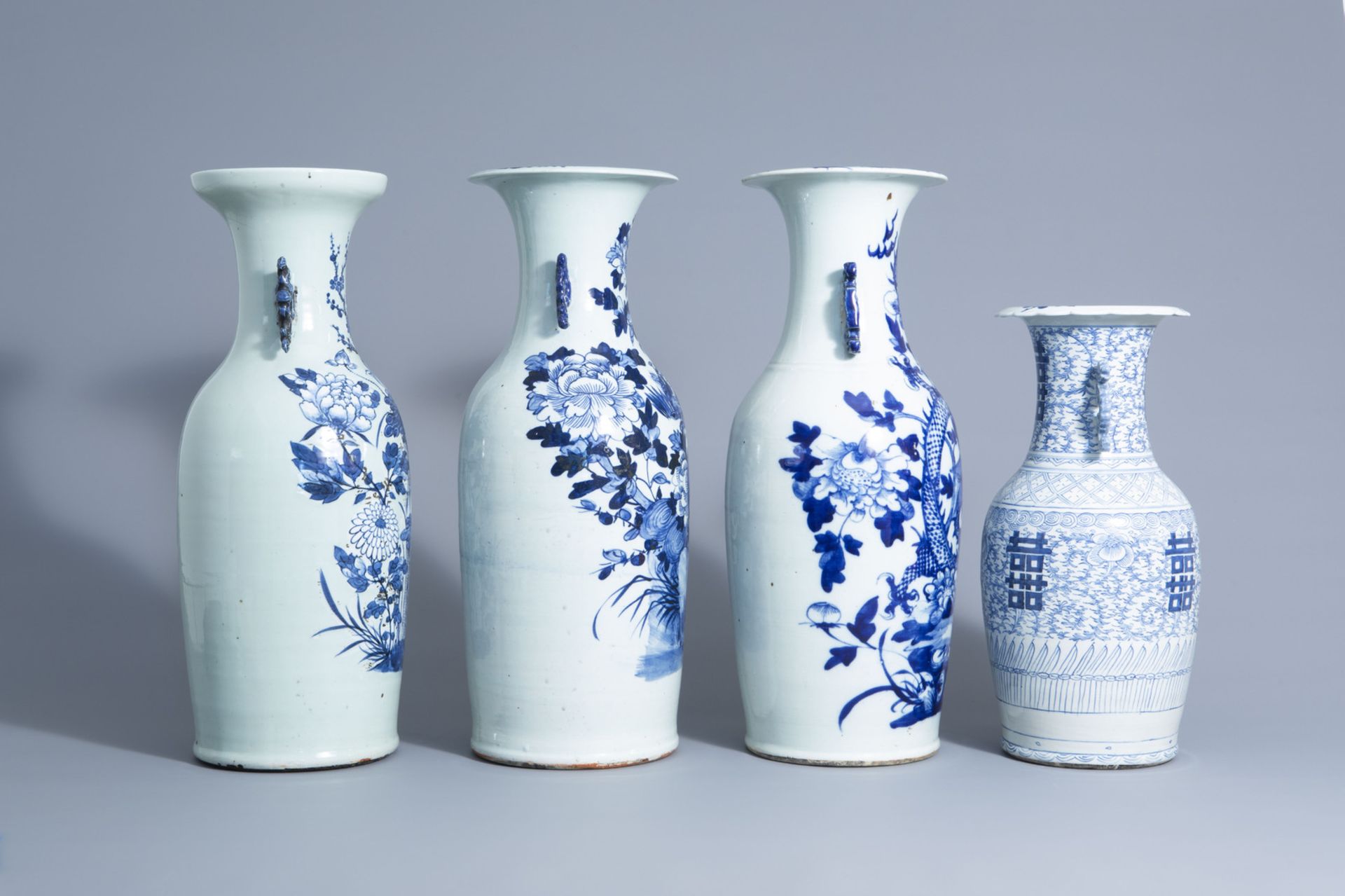 Three Chinese blue and white celadon ground vases with different designs and a blue and white vase, - Bild 3 aus 10