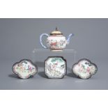 A Chinese Canton enamel teapot and three saucers, Qianlong