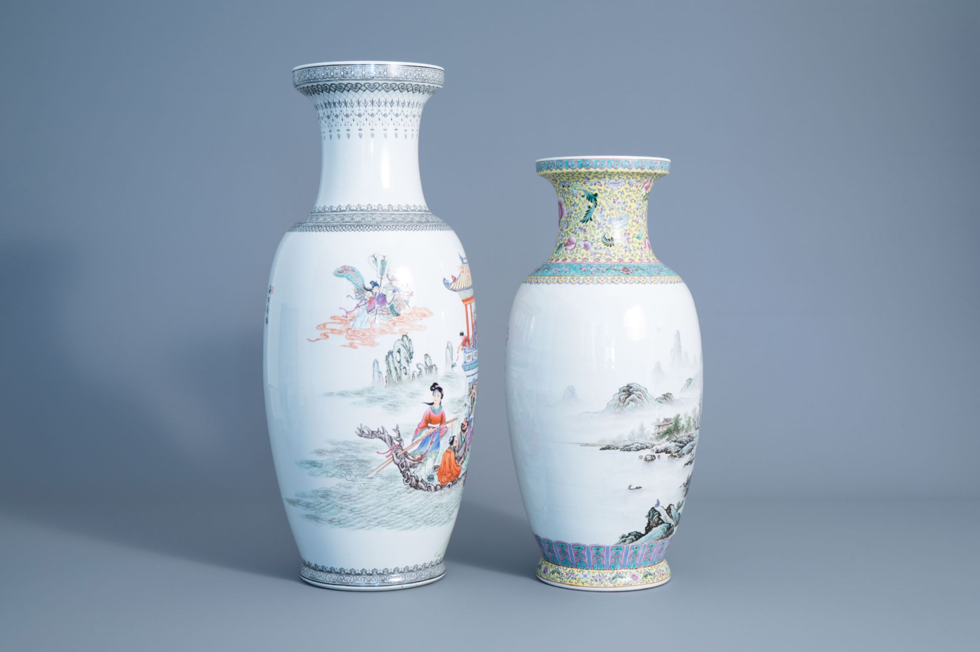 Two various Chinese famille rose vases, a charger and two jars, 20th C. - Image 3 of 15