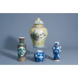 Four Chinese blue and white, famille rose and verte vases, 19th/20th C.
