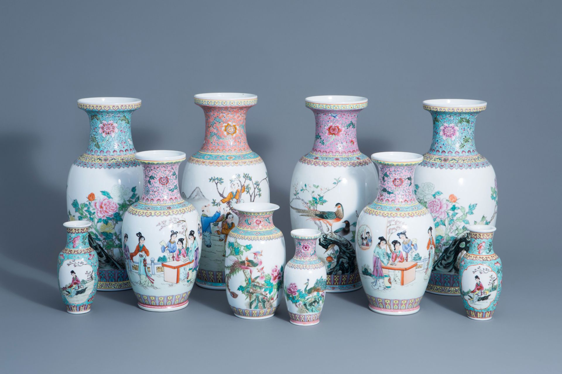 A varied collection of ten Chinese famille rose vases, 20th C.