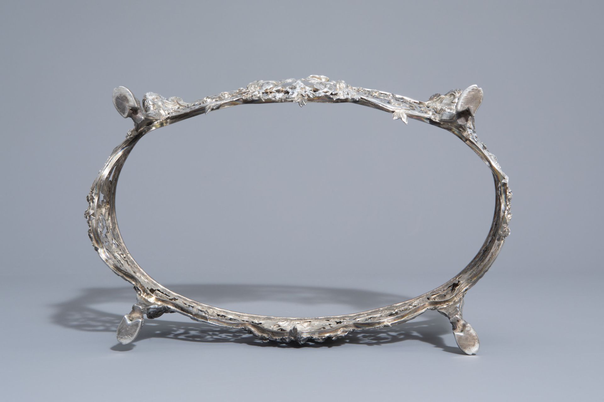 An imposing silver centerpiece with love theme and floral design with accompanying bowl, France, 19t - Image 7 of 10